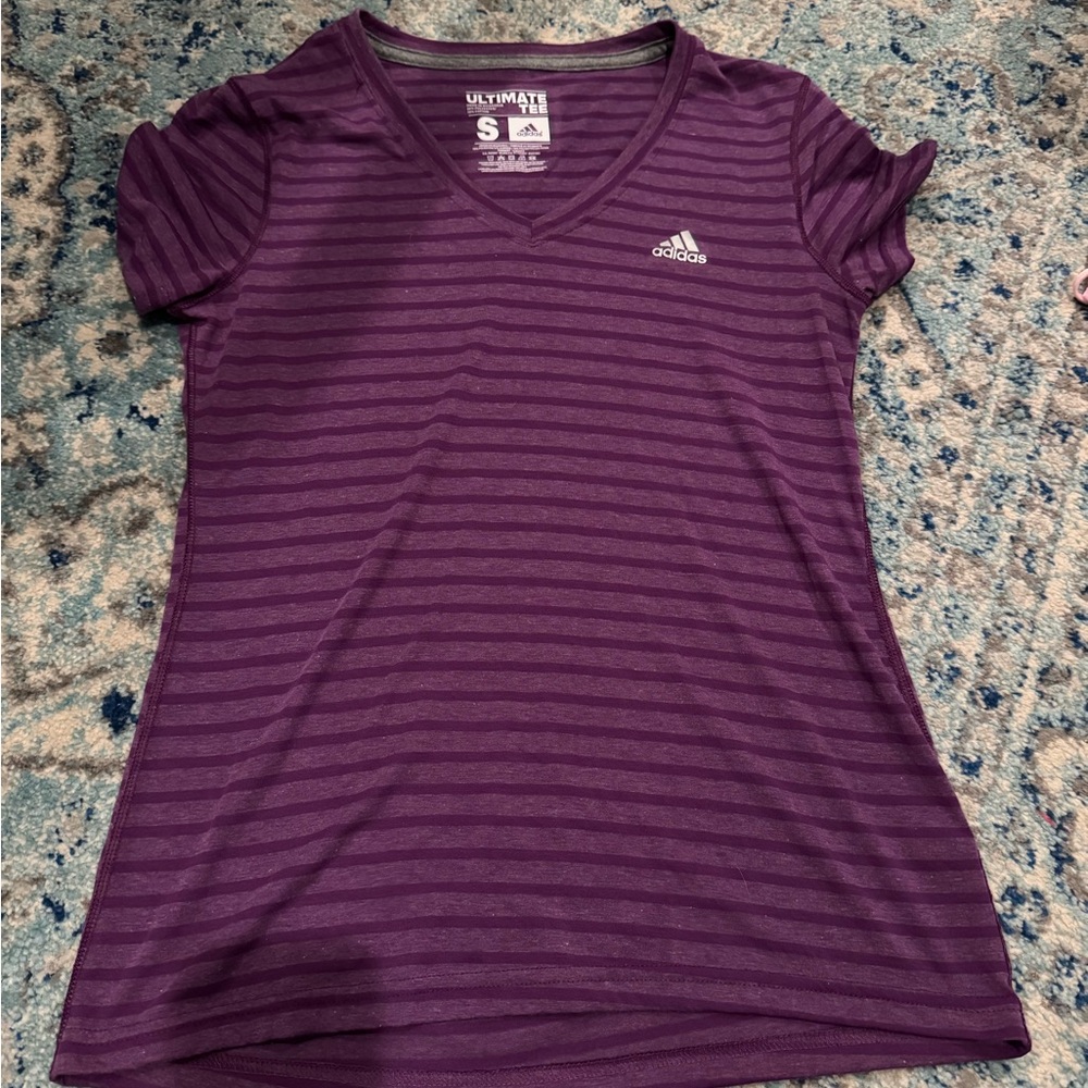 Adidas Purple V-Neck Tee with Stripes
